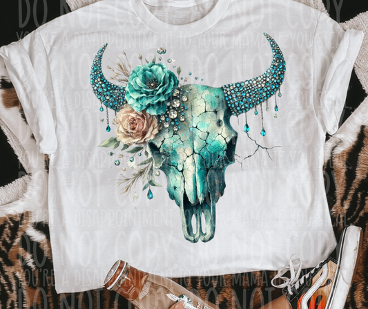 Teal Rustic Rhinestone Bull Skull