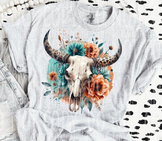 Teal Orange Bull Skull Flowers