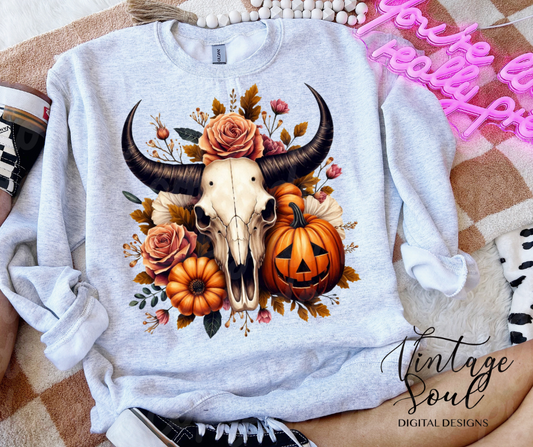 Pumpkin Bull Skull Floral