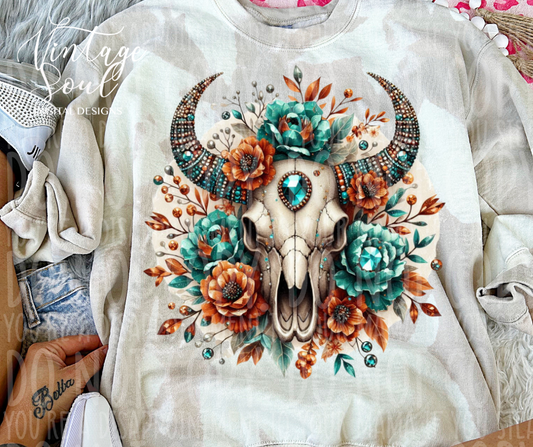 Rhinestone Teal Bullskull