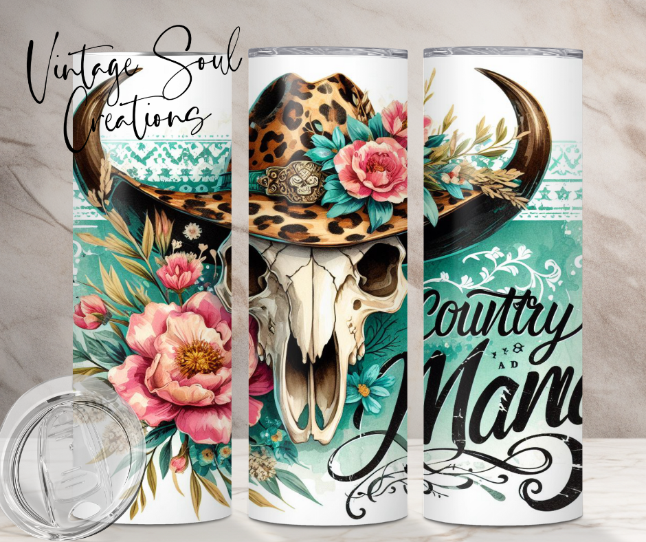 Country Mama Bull Skull Teal