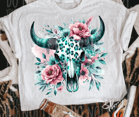 Leopard print Teal Floral Bull Skull