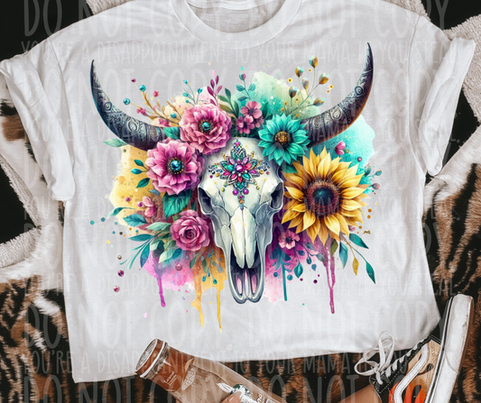 Boho Bull Skull Sunflower Rhinestone