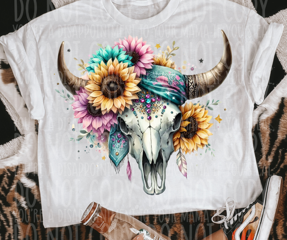 Boho Bull Skull Sunflower Rhinestone Hippy