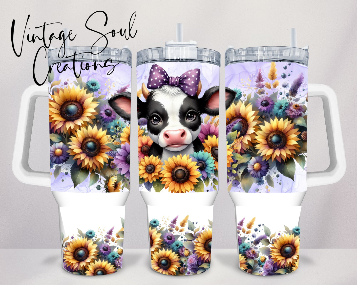 Purple Sunflower Cow 40oz