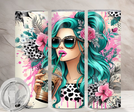 Teal Hair Girl Iced Coffee Leopard Print