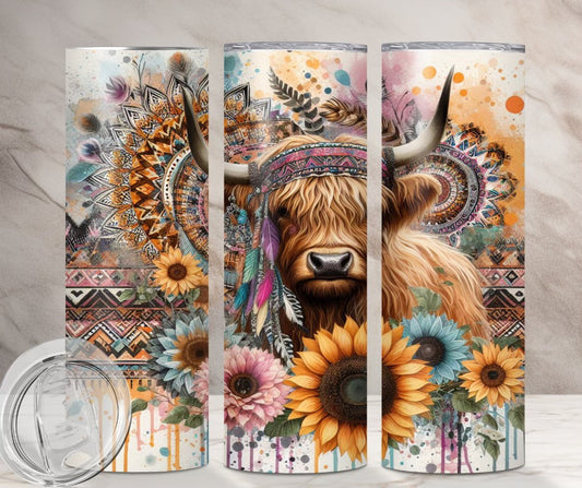 Highland cow Aztec Boho Sunflower