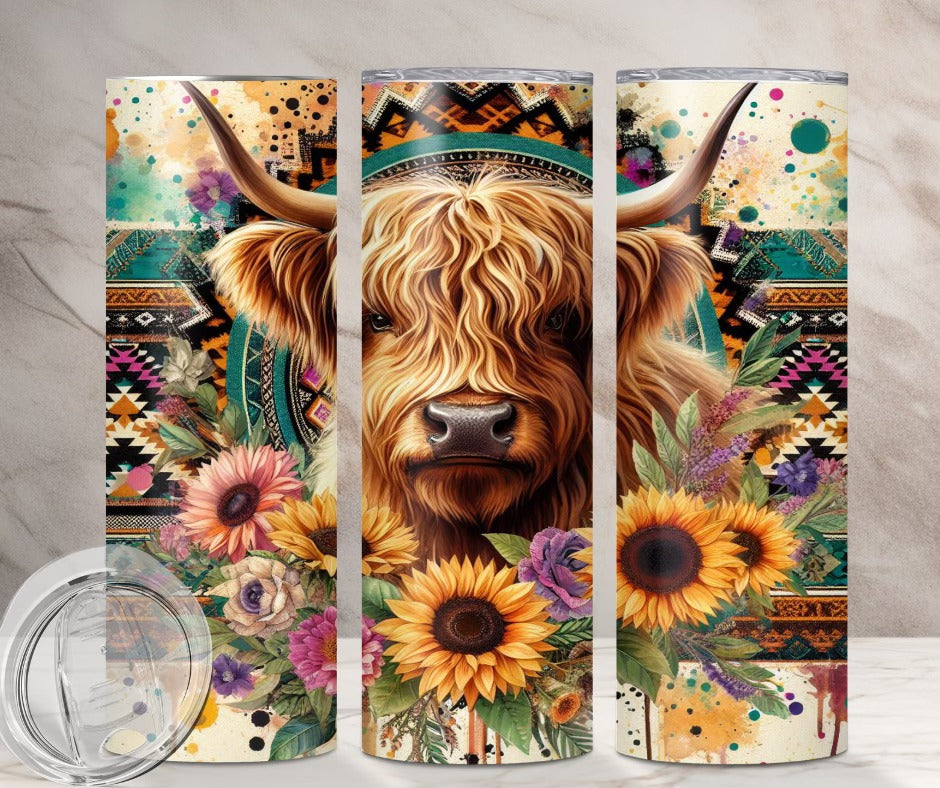 Highland Cow Sunflower Boho Aztec