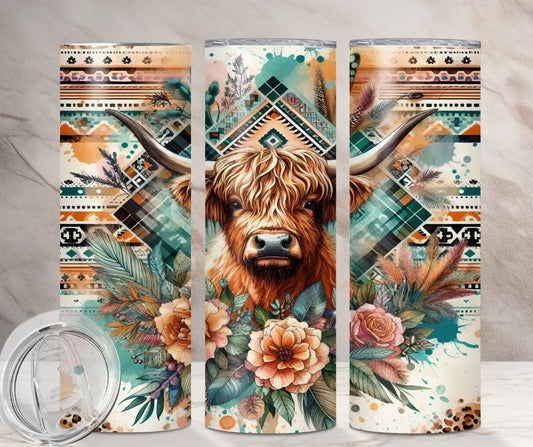 Highland Cow Aztec Orange Flowers