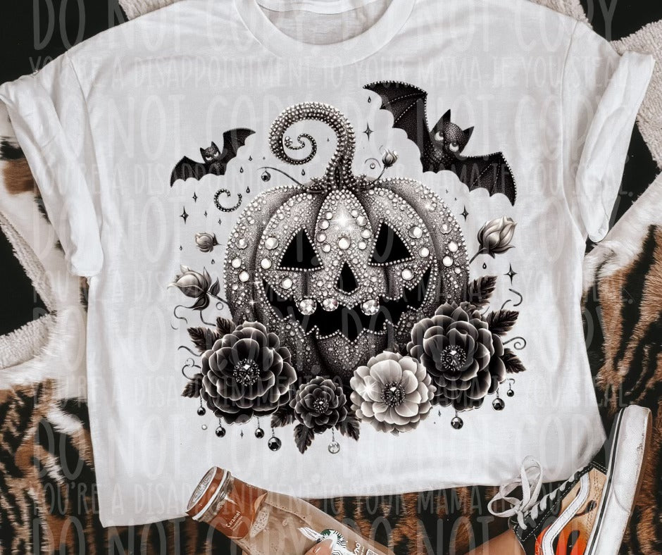 Black & White Pumpkin Floral Rhinestone PNG