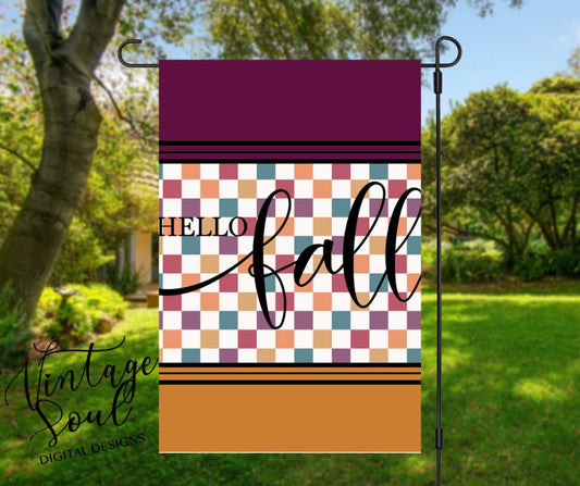 Hello Fall Checkered Fall Garden Flag