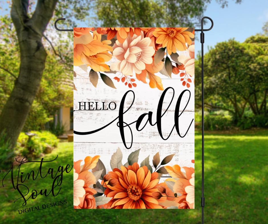 Hello Fall Orange Flowers Garden Flag