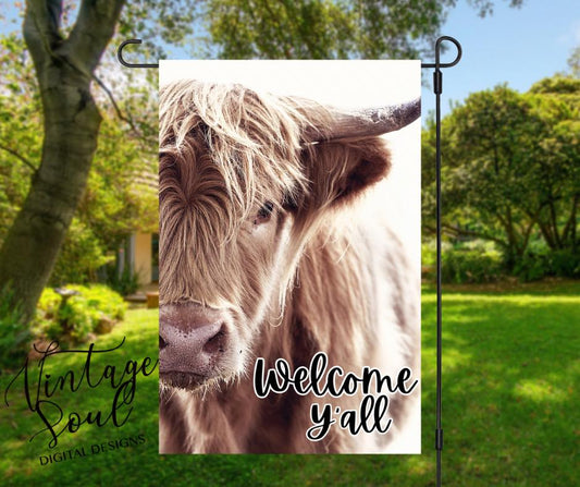 Welcome Yall highland Cow Garden Flag