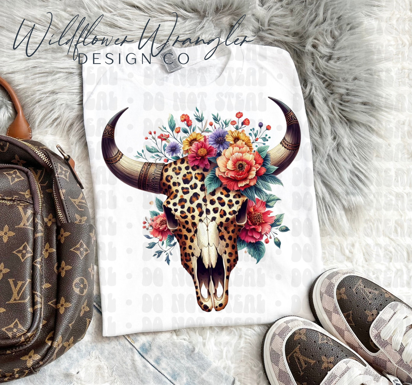 Leopard Floral Bull Skull PNG