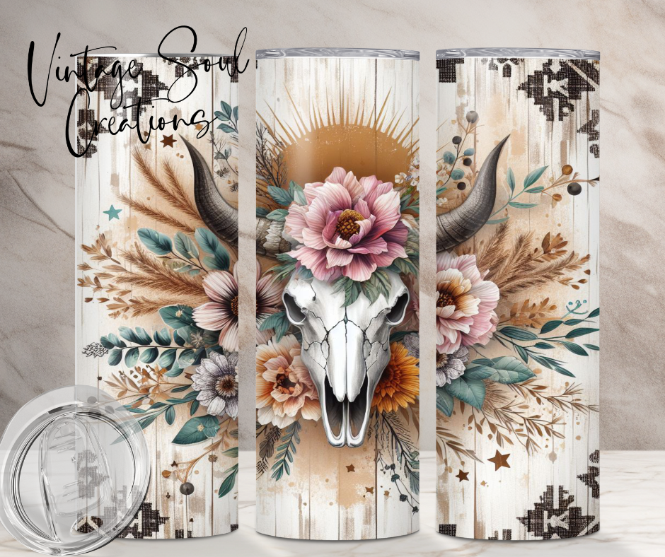 Boho Aztec Floral Bull Skull