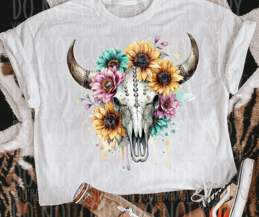 Boho Bull Skull Yellow Sunflower