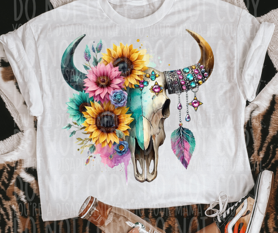 Boho feather Sunflower Bull Skull