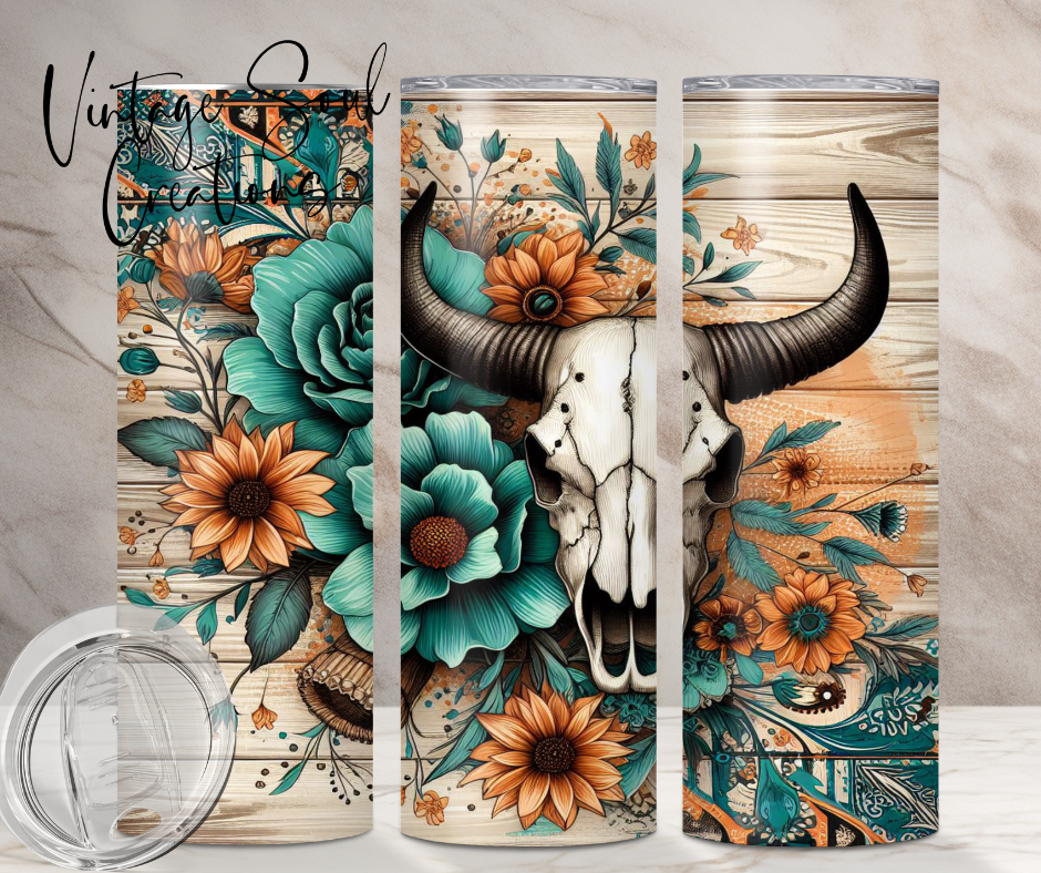 Teal Orange Boho Floral Bull Skull